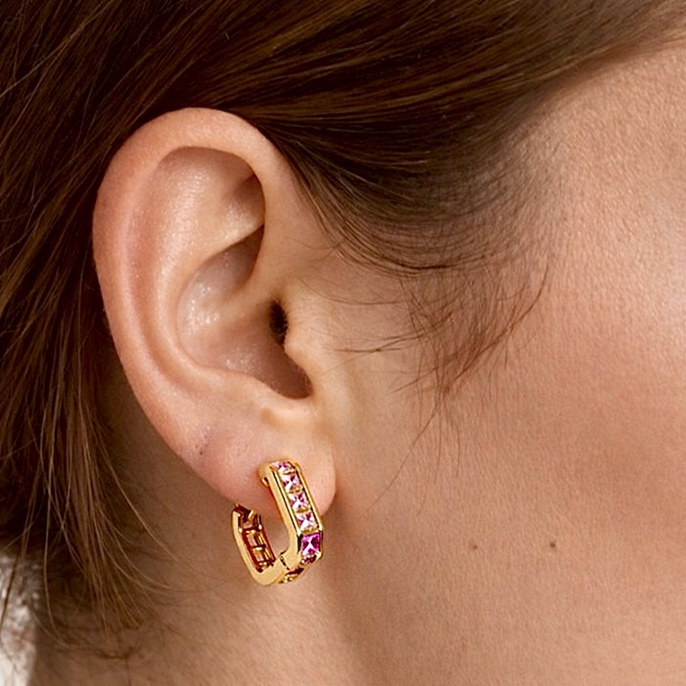 Gold Hoop Earrings with Pink CZ gold jewelry